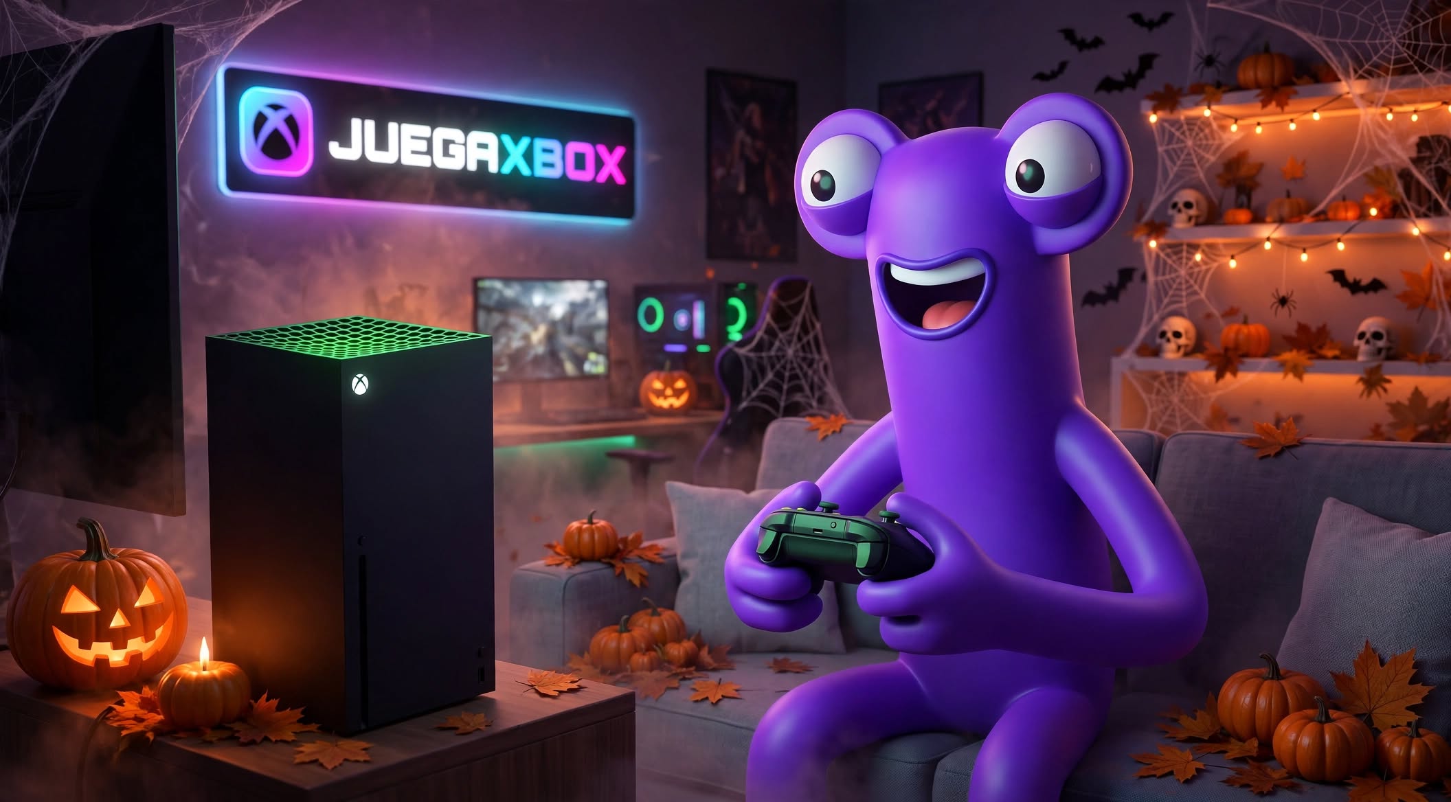 Mascota de JuegaXbox disfrutando juegos de terror
